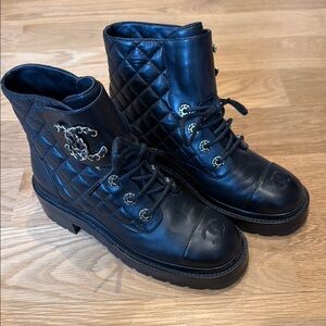 Chanel Black Quilted 2021 Interlocking CC Logo Combat Boots
